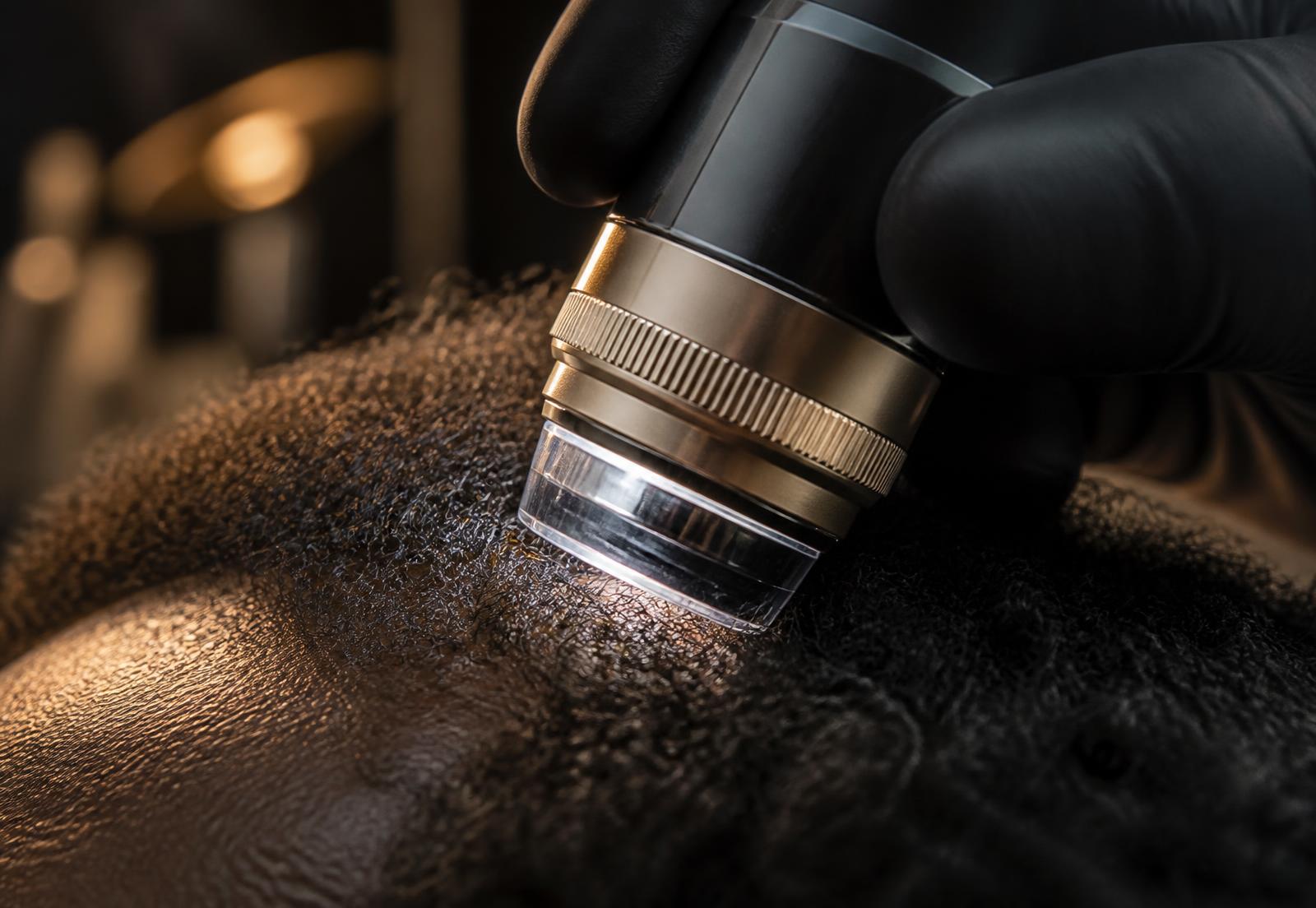 Handheld trichoscopy camera examining a textured scalp during a hair loss and thinning hair evaluation