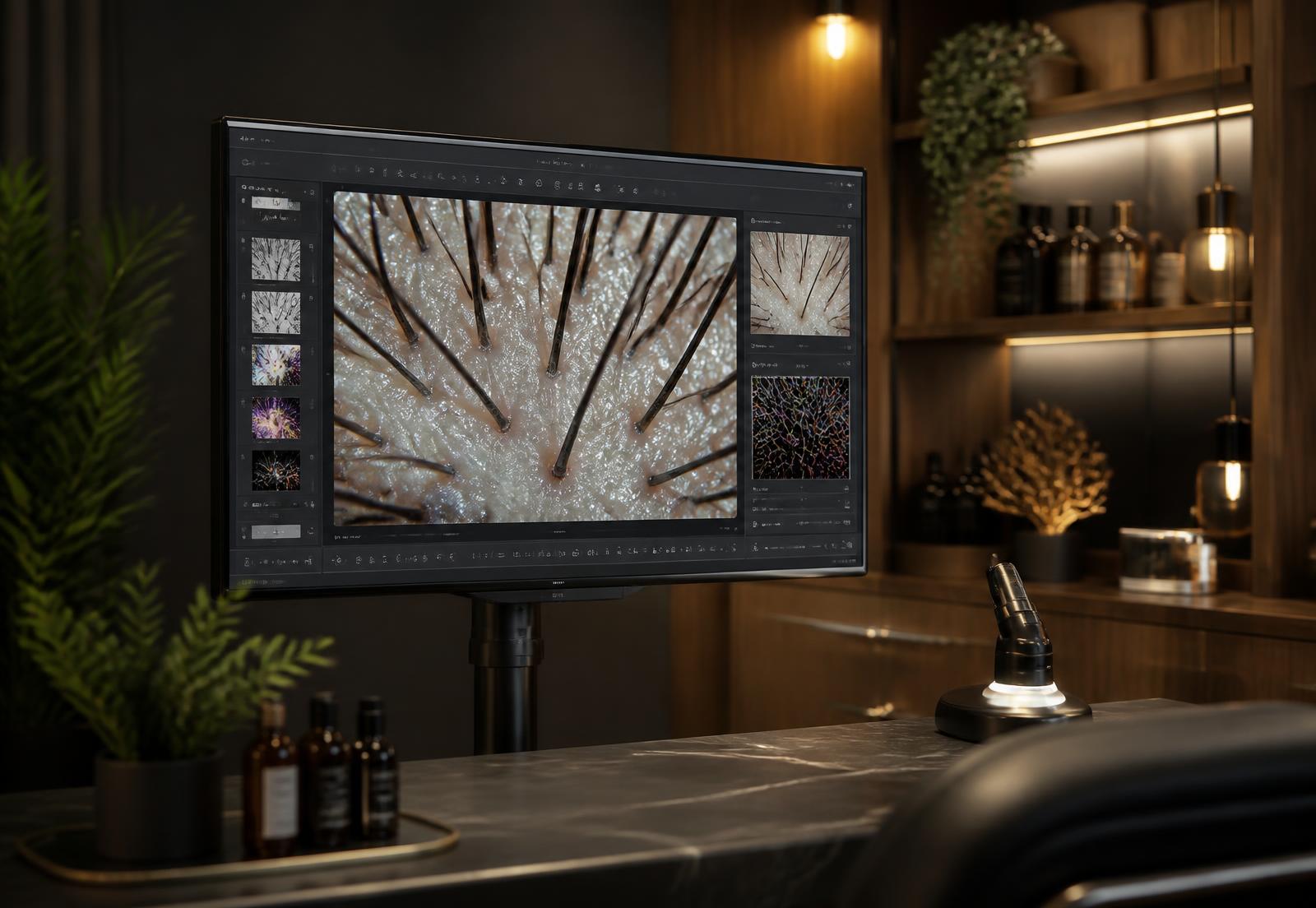 Magnified digital scalp and follicle imaging used to assess hair thinning and shedding at the Houston clinic